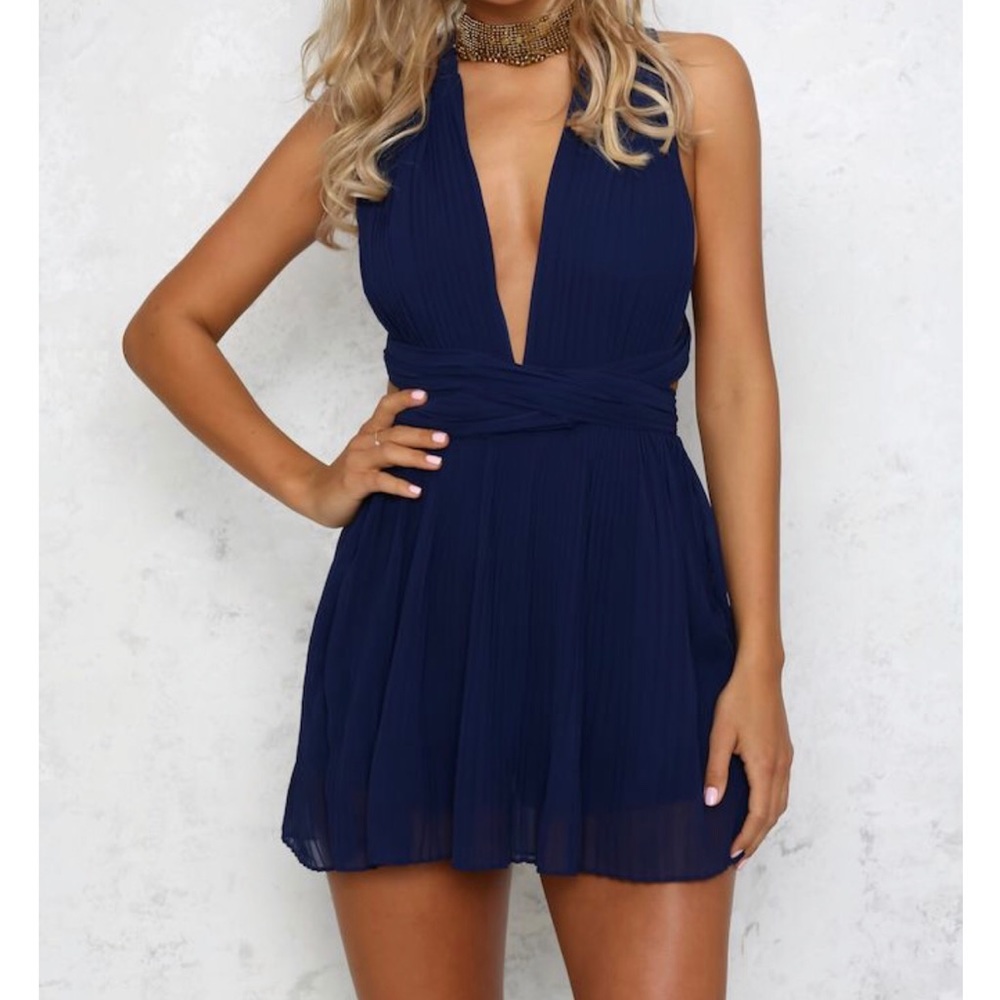 Navy Romper w/Plunge Neck & Cross-Tie Back